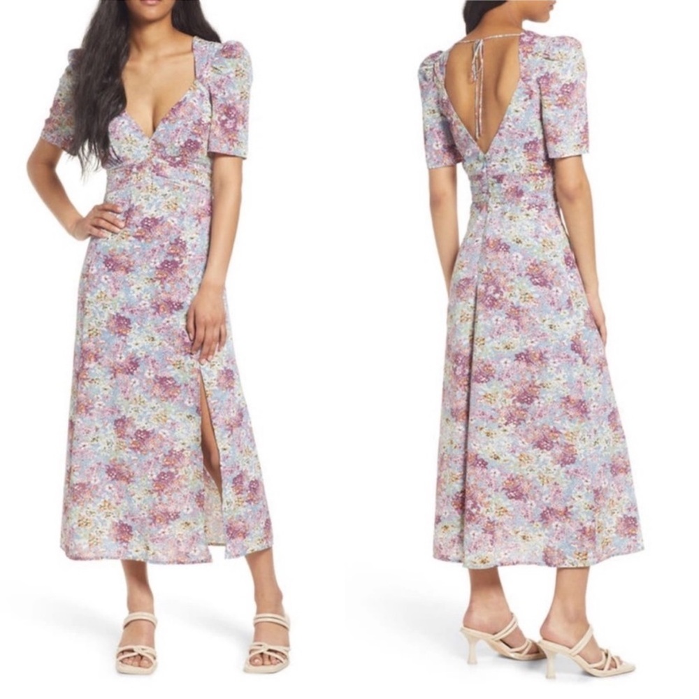 Floret Studios Floral Print Empire Waist Maxi Dress Puff Sleeve Size Large Blue